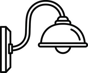 Simple black line art icon of a classic outdoor wall mounted lamp with a curved arm and a dome shaped shade against a white background