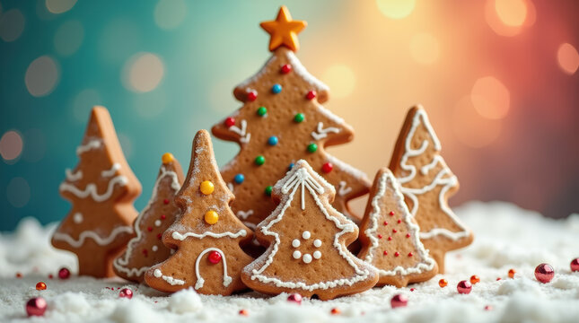Gingerbread Christmas Tree on Colorful Background.