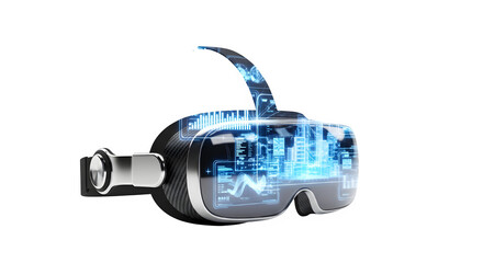 Virtual reality headset with digital interface and data visualization, isolated on transparent background