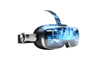 Virtual reality headset with digital interface and data visualization, isolated on transparent background