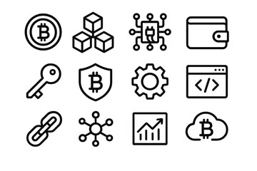Fototapeta premium Crypto Icons Set. Crypto Technology linear icon set: coin, blockchain cube, circuit board, wallet, key, shield, gear, code window, link, node, chart, cloud