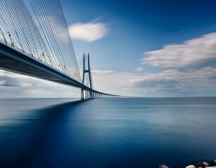 A Journey Across Water: A Long Exposure Shot of a Striking Suspension Bridge Piercing the Horizon Under a Cloudy Sky.