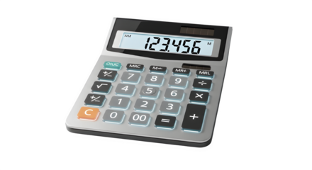 A modern electronic calculator displaying numbers, isolated on transparent background