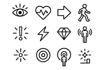 Fototapeta premium Awake and Alert Icons. Alert Wake State linear icon set: wide-open eye, bright pulse, focused arrow, active steps, attention lines, energized spark, clarity diamond, upright stance