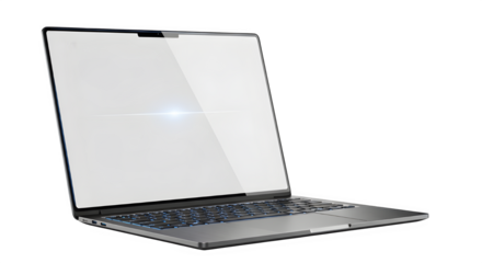 Modern laptop computer with a blank screen, perfect for mockups, isolated on transparent background