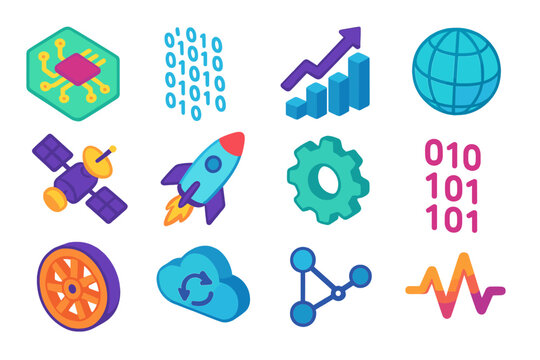 Innovation Icons Set. Innovation in Motion flat icons set. circuit board, data stream, graph arrow, globe, satellite, rocket, gear, binary code, wheel, cloud sync, network line