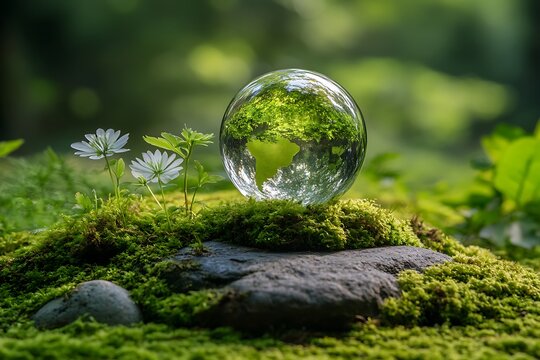Green earth in crystal sphere, reflecting a lush forest, on moss with white flowers, a global nature concept. - Powered by Adobe