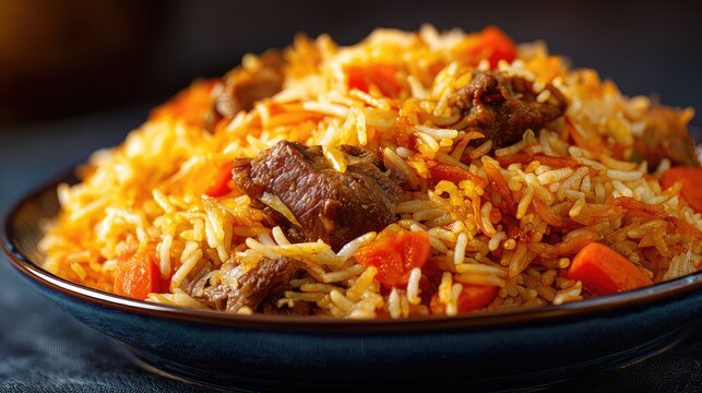 Xinjiang Polo (Zhua Fan), traditional Uyghur pilaf, long-grain rice cooked with tender lamb pieces, carrots, onions, and mild spices