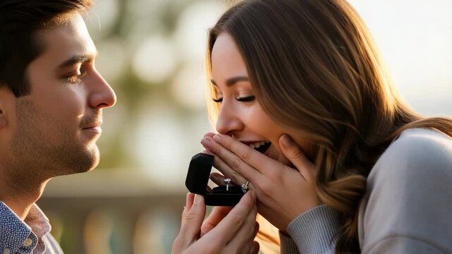 Man proposing to a surprised woman with an engagement ring in a romantic outdoor setting