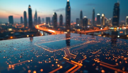Futuristic city skyline at dusk with glowing circuit board pattern overlay. Advanced tech transforms urban landscape with bright lights and modern architecture.