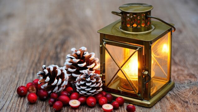 Glowing lantern with pine cones and cranberries on wood