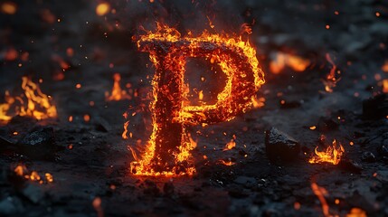 Burning fiery letter p engulfed in intense orange and red flames with glowing embers on a rough, textured ground