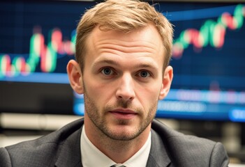 Economist in a suit reviews financial data with graphs in a modern office