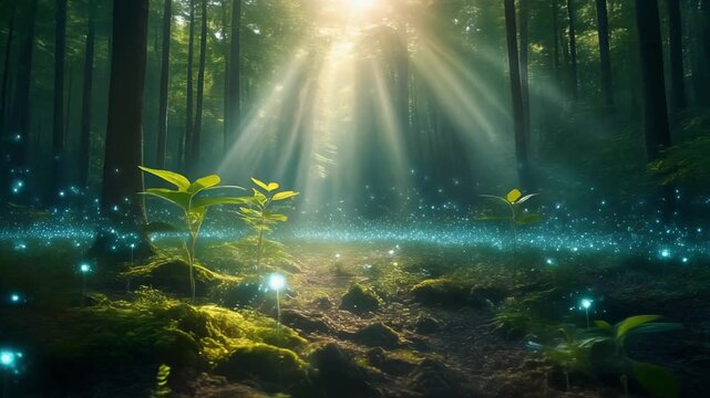 Ethereal sunbeams filter through a dense forest canopy, illuminating a magical path where glowing orbs and new plant life emerge