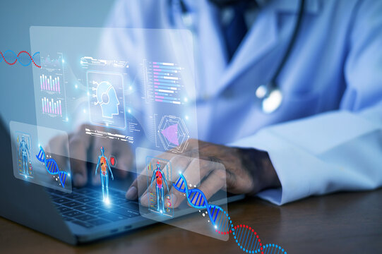 Digital healthcare interface using AI to visualize DNA structures and medical data for advanced biotech diagnostics and scientific innovation