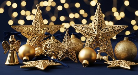 Fototapeta premium Gold Christmas Ornaments Stars Angel Reindeer Ornate Baubles