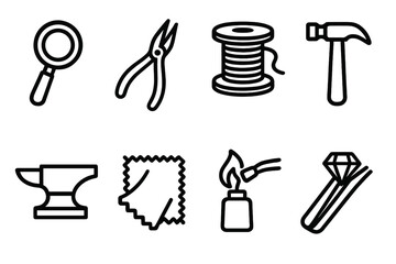 Obraz premium Jewelry Crafting Tools. Jewelry Crafting linear icon set: loupe, pliers, wire spool, hammer, anvil block, polishing cloth, solder flame, gem holder