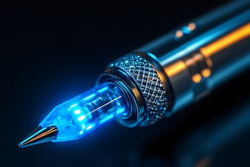 Close-up of a professional tattooing machine with a glowing blue light in its needle cartridge tip, modern body art technology.