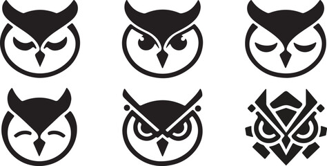 Set of six minimalist owl head vector logo icons in blue.