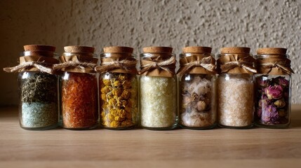 A row of jars filled with different types of spices