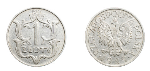 one Polish zloty coin on a white isolated background