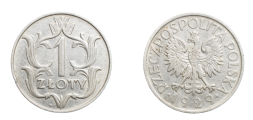 one Polish zloty coin on a white isolated background