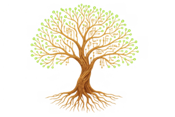 Tree of life conceptual illustration with glowing green leaves, twisted trunk, and roots, transparent background