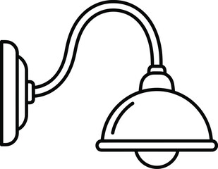A simple black and white line art illustration of a classic outdoor wall mounted lamp with a curved arm and a dome shaped shade
