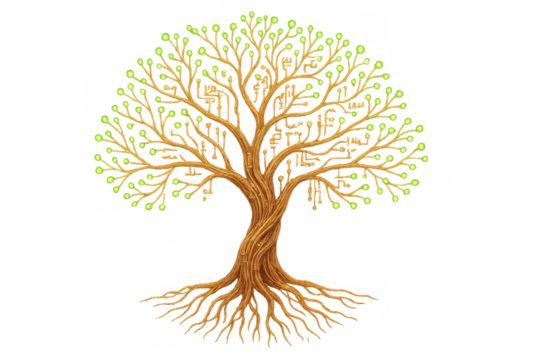 Tree of life conceptual illustration with glowing green leaves, twisted trunk, and roots, transparent background