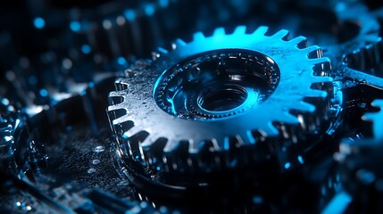Close-up of interlocking metal gears illuminated by blue light, representing technology, industry, and progress.