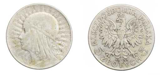 five Polish zloty coin on a white isolated background