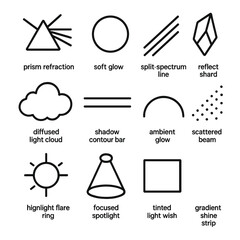 Dynamic Light Icons. Creative Light Manipulation Set linear icon set: prism refraction beam, soft glow halo, split-spectrum line, reflective shard, diffused light cloud, shadow