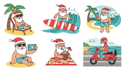 Christmas in July Santa Claus enjoying summer vacation activities like surfing and relaxing on the beach