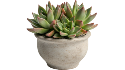 A vibrant succulent plant in a textured, small, light-colored ceramic pot against black