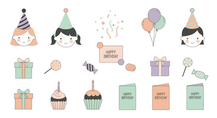 Cute Birthday Elements Collection Including Gift Boxes, Cupcakes, Party Hats, Confetti, And Greeting Cards