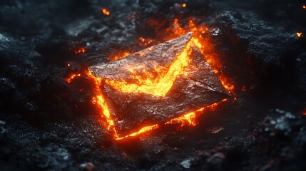 Fiery digital envelope emerging from volcanic ash, glowing with intense lava light, symbolizing urgent communication