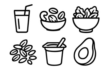 Healthy Food Icons. Healthy Foods Set linear icon set: smoothie glass, nuts mix, salad bowl, whole grains, yogurt cup, avocado half