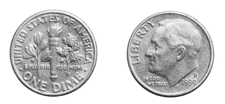 one dime coin isolated on white background