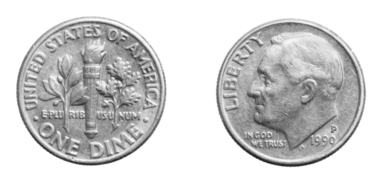 one dime coin isolated on white background