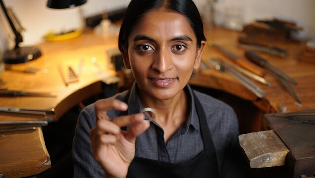 Master jeweler facing the camera stands in a busy workshop among tools and metal