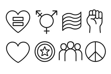 Inclusive Pride Icons. Inclusive Pride Symbols linear icon set: equality heart, gender spectrum icon, rainbow wave, solidarity hand, open heart, pride badge, diverse silhouettes