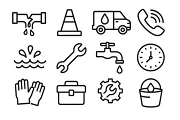 Plumbing Emergency Icons. Emergency Plumbing linear icon set: burst pipe, warning cone, plumber van, phone icon, water splash, wrench, dripping tap, clock, gloves, toolbox, repair