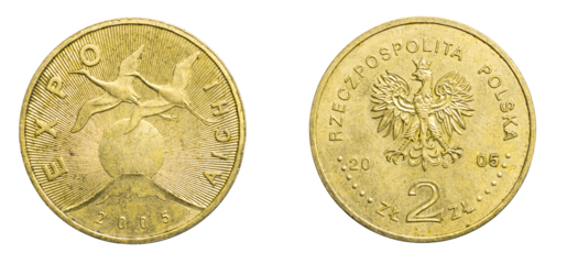 two Polish zloty on a white isolated background