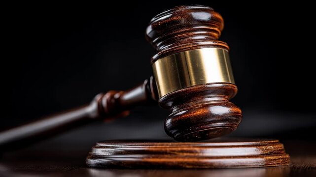 Closeup of a polished auctioneers gavel striking a wooden block symbolizing authority and finality in highstakes auctions with a sleek modern finish.