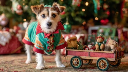 A small dog wearing a christmas sweater and pulling a toy