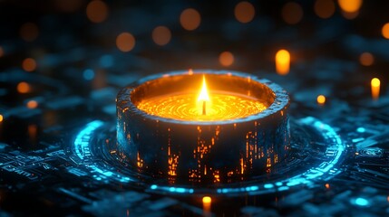 Futuristic glowing candle with digital circuit patterns and warm bokeh light on a dark technology background