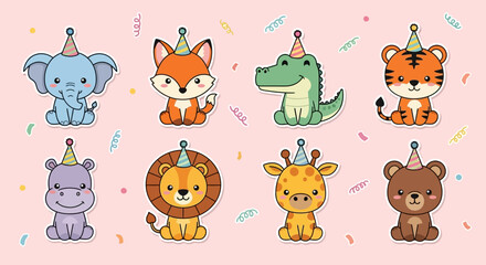 Cute cartoon baby animals wearing party hats and confetti, celebrating a birthday or special occasion