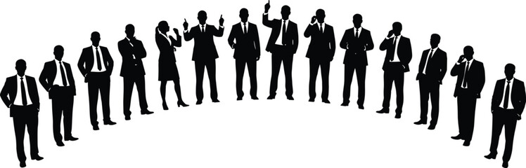 Silhouetted business professionals in semi-circle, formal attire, mobile communication, corporate teamwork, leadership concept, professional interaction, white background, strategy