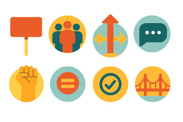 Labor Rights Icons. Labor Day Labor Rights Awareness Advocacy flat icon set: protest sign, unity crowd, raised hand, fairness arrow, message bubble, equality symbol, spotlight