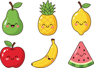 Cute smiling fruit cartoon vector set featuring pear, pineapple, lemon, apple, banana, and watermelon characters in bright colorful kawaii style.